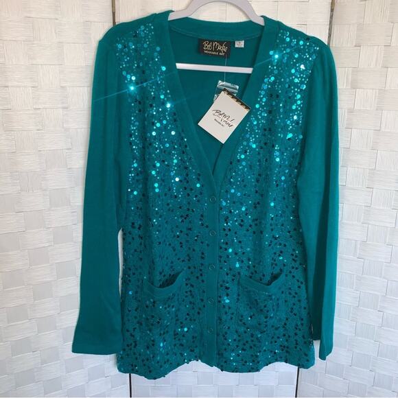 Bob Mackie Womens Wearable Art Sequin Aqua Blue Button Up Cardigan Size Small - Picture 6 of 16